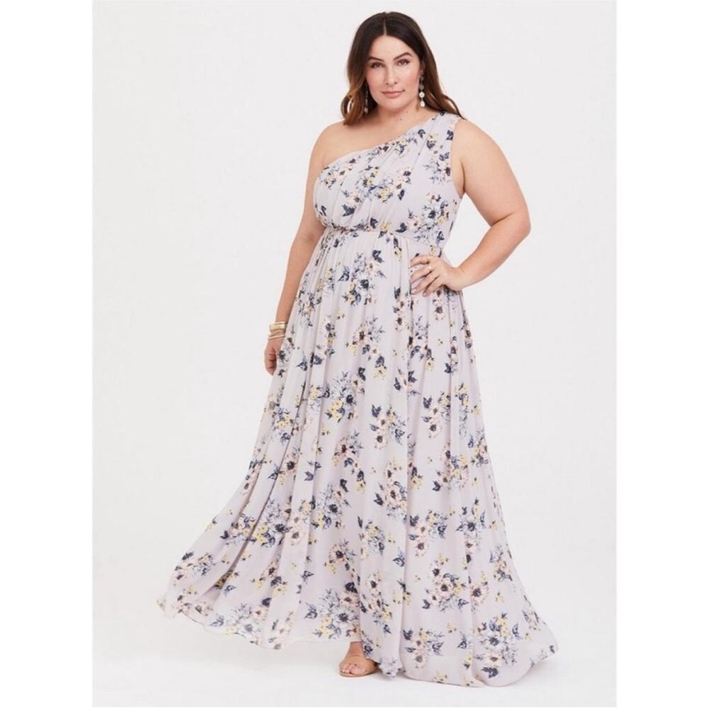 Torrid Grey Floral One-Shoulder Chiffon Maxi Dress Size 12